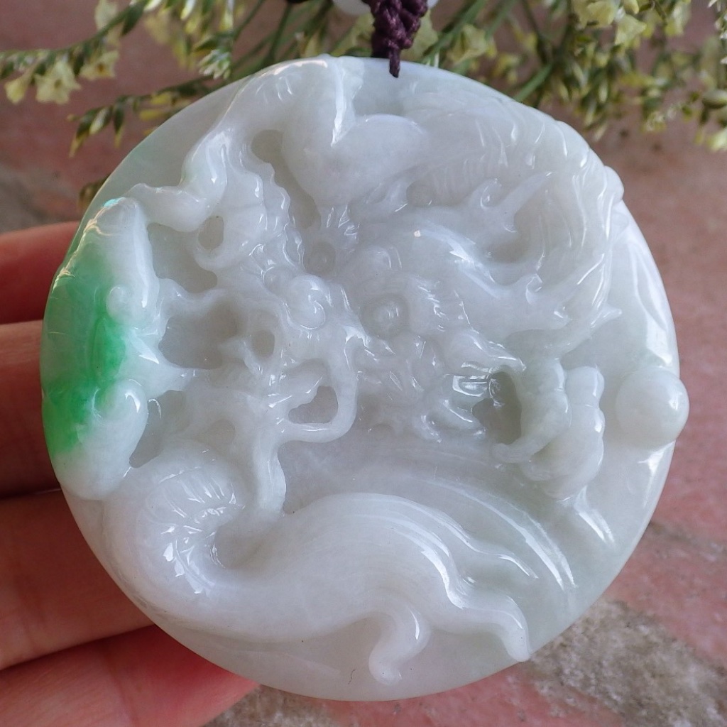 Certified Green Natural Burma A Jade Jadeite Dragon Ruyi Pendant Necklace